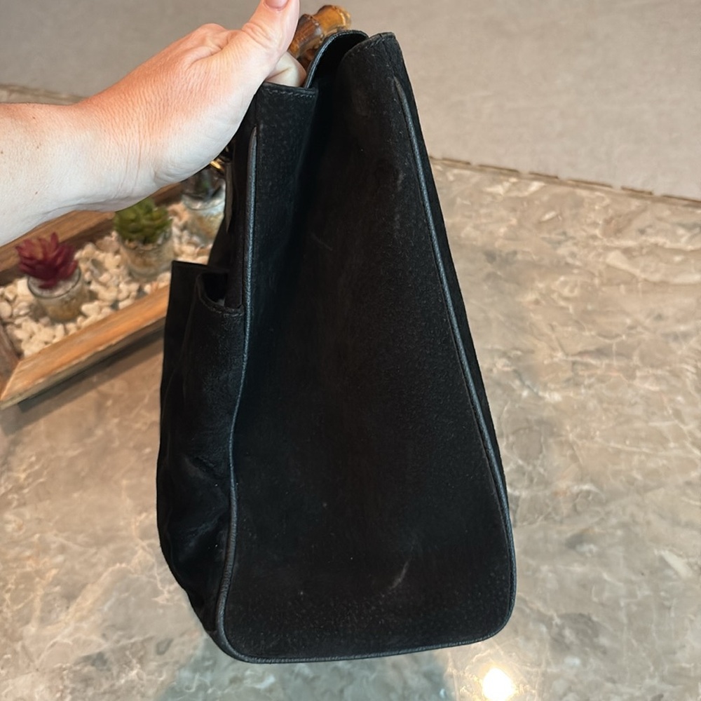 Black Suede Handbag with Bamboo Handles - Picture 4 of 16
